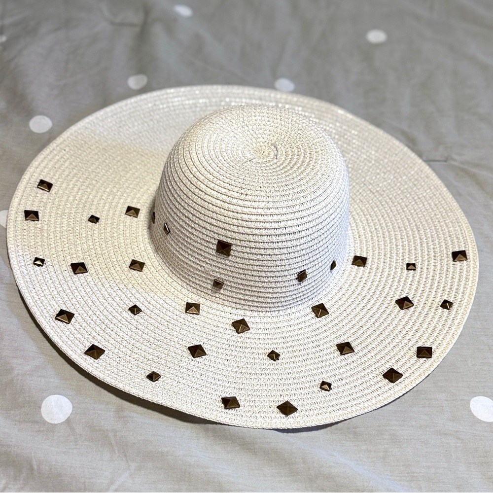 2/$40 Wide Brim Straw Sun Hat with Gold Bronze Studs - Cream